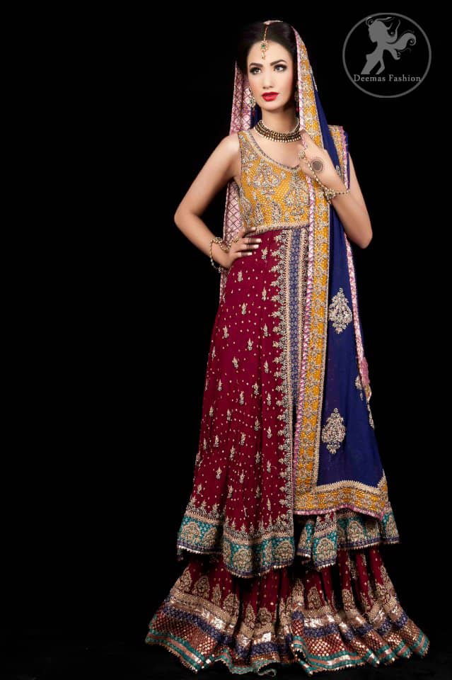 Deep Red A-Line Front Open Frock Having Golden Bodice With Navy Blue Dupatta and Lehnga
