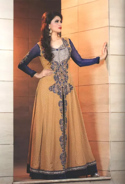 Golden Brown and Royal Blue Front Open Gown