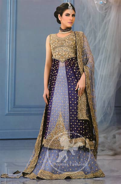 Grayish Blue and Navy Blue Front Open Bridal Gown Lehnga