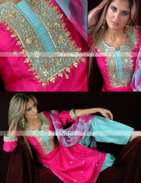 Ladies Fashion - Shocking Pink & Ferozi Shalwar Kameez Dress