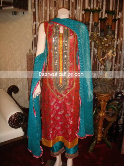 Latest Formal Wear - Red Turquoise Green Dress