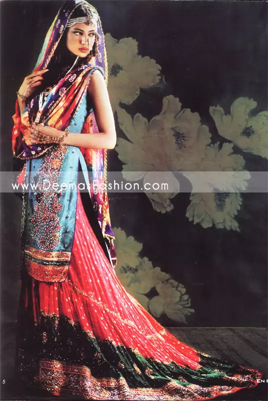 Latest Pakistani Bridal Wear - Red Blue Lehnga