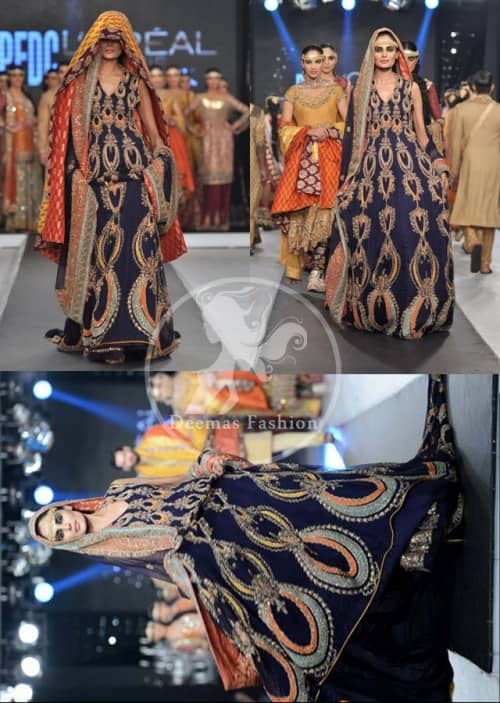 Navy Blue Heavy Long Bridal Frock Embroidered Sharara