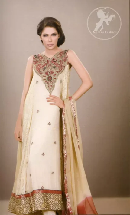Off White A-line Casual Shirt n Trouser with Embellished Neckline