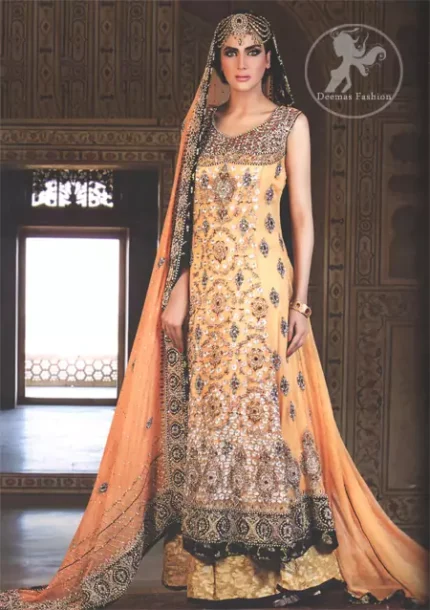 Orange Bridal Wear Frock With Banarsi Sharara and Embroidered Dupatta
