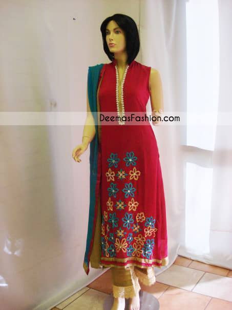 Pakistani Latest Casual Dress Red Beige