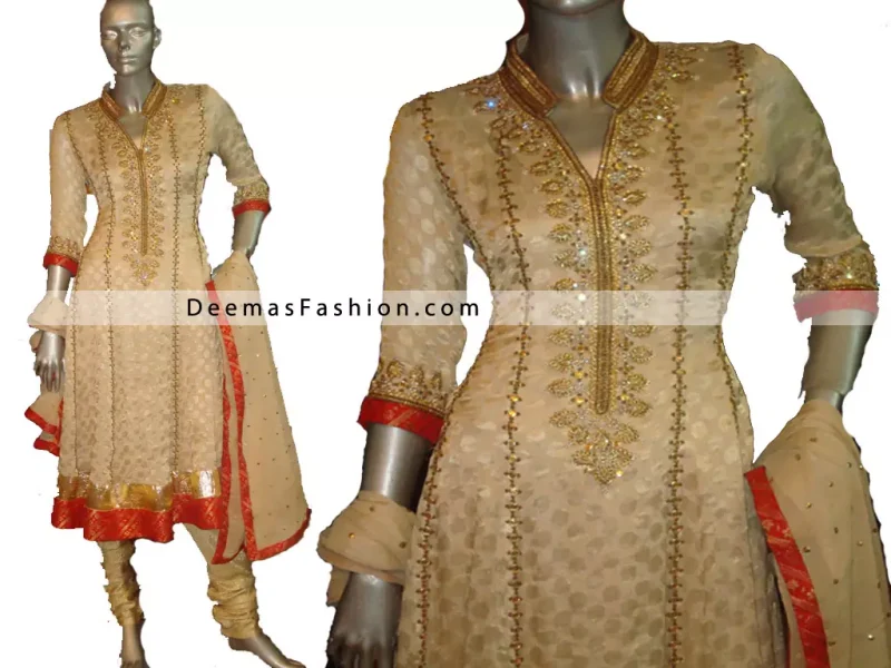 Pakistani Designer Wear - Beige Red Anarkali Churidar Dress