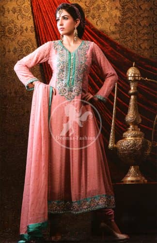 Pink Peach Anarkali Frock with Embellished Neckline and Churidar