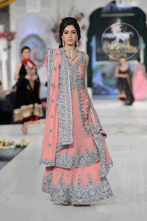 Pinkish Peach Bridal Front Open Shirt with Double Layer Lehnga