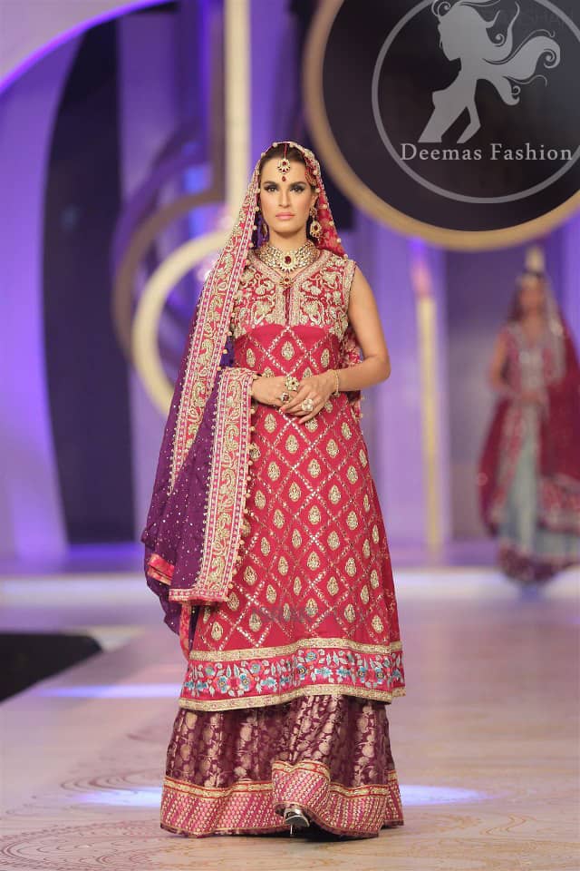 Pinkish Red Aline Frock with Purple Lehnga and Dupatta