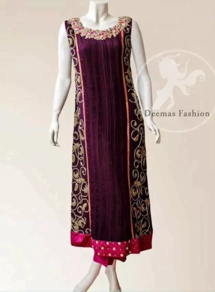Plum Semi Formal Shirt With Embellished Panels And Trouser