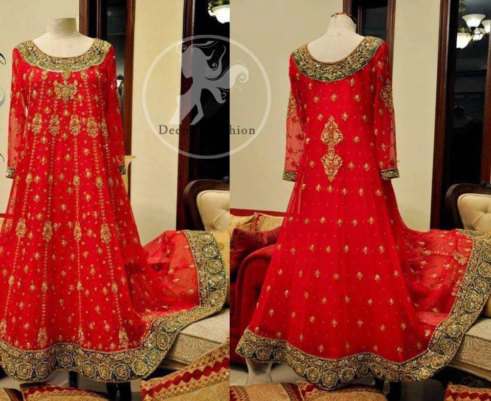 Red Heavy Embellished Border Bridal Frock Churidar