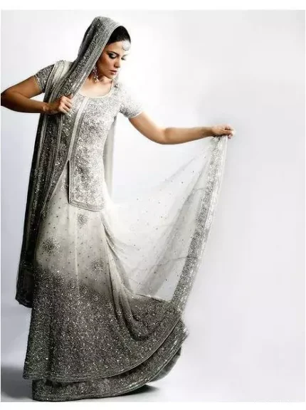 White Silver Grey Lehnga with Anarkali Frock