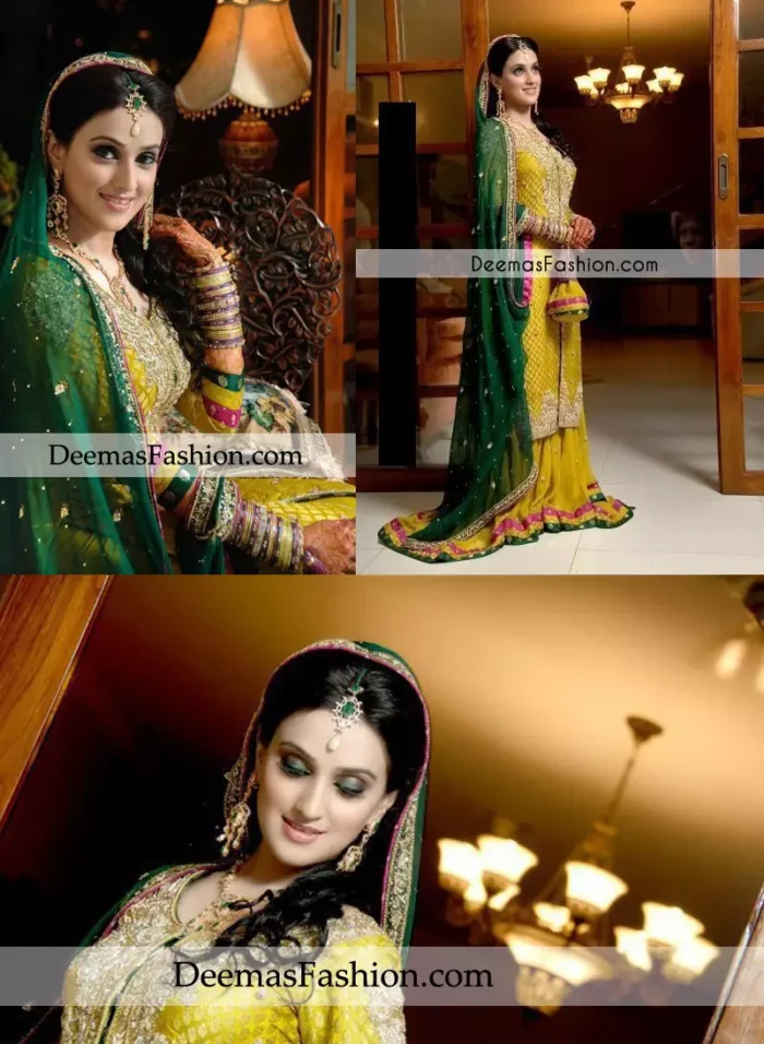 Latest Mehndi Wear Yellow Bottle Green Sharara