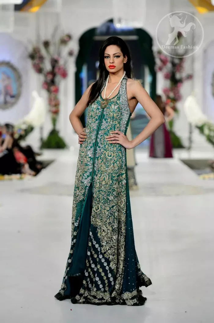 Bottle Green Heavy Bridal Front Open Gown Dress