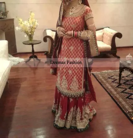 Bridal Collection Red Long Shirt Lehnga