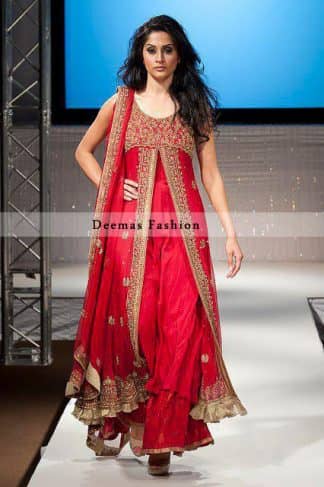 Latest Pakistani Bridal Wear Bright Red Pure Chiffon Front Open Gown With Sharara