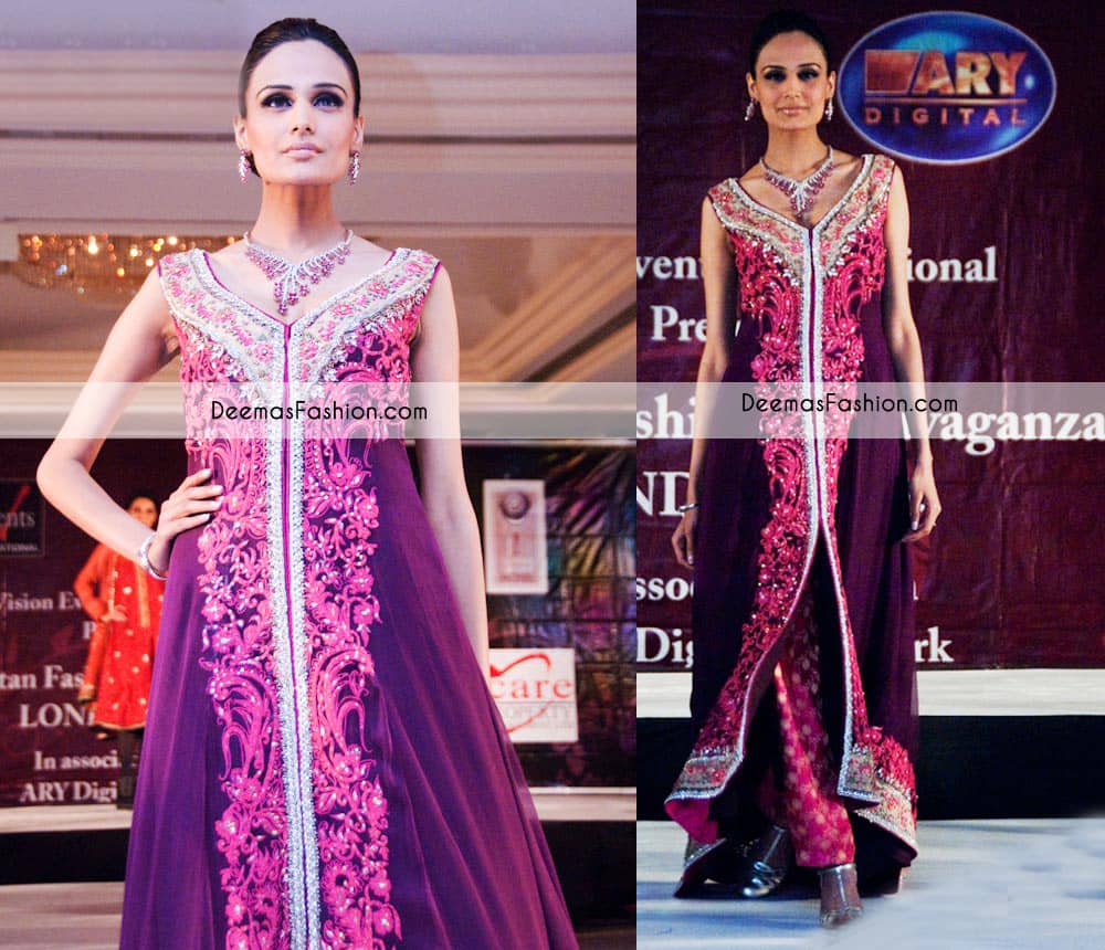 Dark Purple Shocking Pink Front Open Formal Party Wear Dress