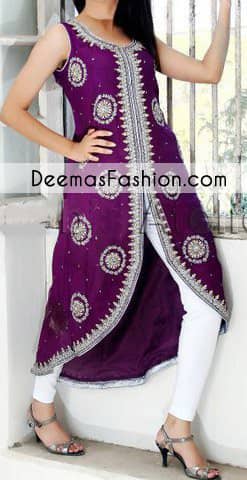 Create a vision of elegance with this purple back trail shirt decorated with intricate zardosi work detailing and silver kora, dabka and sequins. It is highlighted with silver embroidered patterns, floral motifs and sprinkled sequins all over. It is coordinated with white straight trousers. Pair it up with chiffon dupatta sprinkled with sequins all over it.