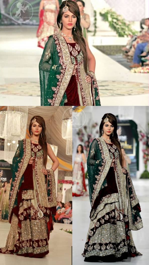 Fawn Heavy Bridal Lehnga with Front Open Gown and Bottle Green Dupatta