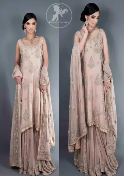 Fawnish Pink Bridal Lehnga with A-line Shirt and Embellished Dupatta