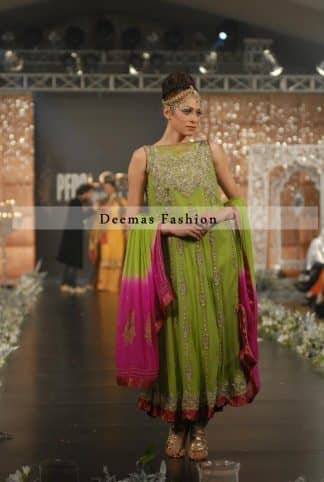 Green Colour Mehndi Wear Anarkali with Pink Dupatta