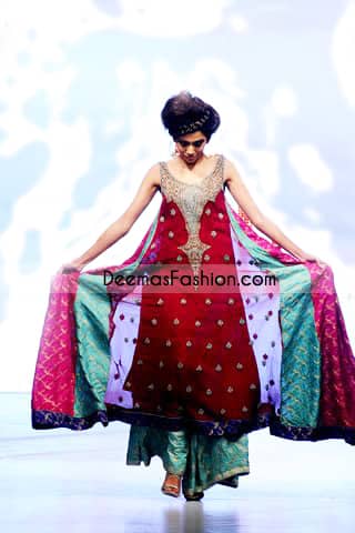 Multi Kali Maroon Embroidered Neck Chiffon Frock - Pakistani Designer Wear Maroon Sea Green Pishwas