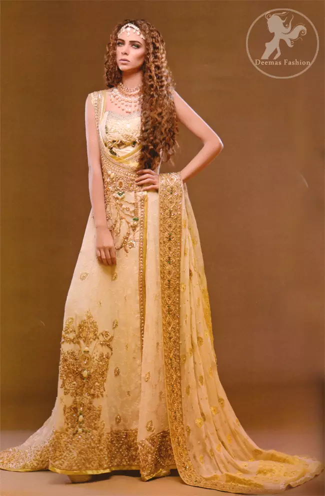 Beige Angrakha Pishwas with Embellished Dupatta