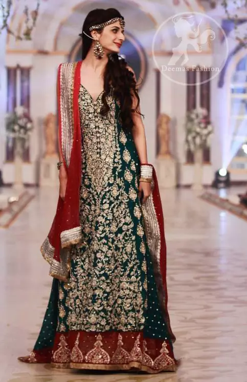 Bottle Green Deep Red Heavy Bridal Pishwas