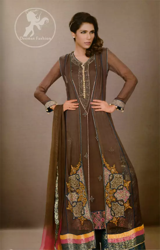 Dark Brown Front Open Gown n Inner Shirt Bottle Green Sharara
