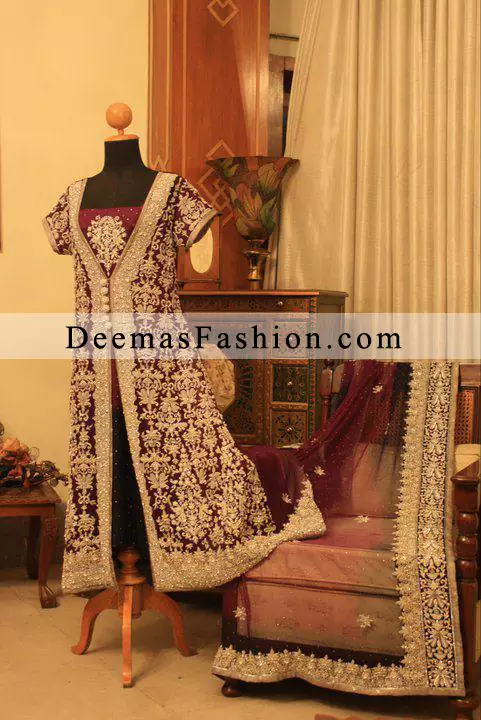 Latest Wedding Clothing Dark Maroon Bridal Front Open Dress