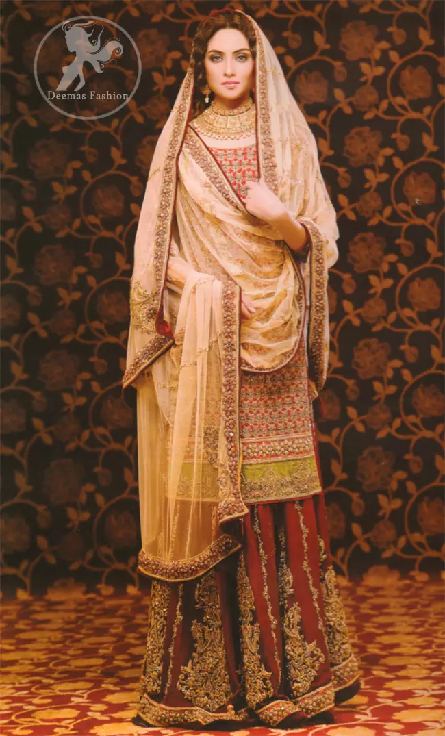 Deep Red and Peach Heavy Embellished Bridal Dress