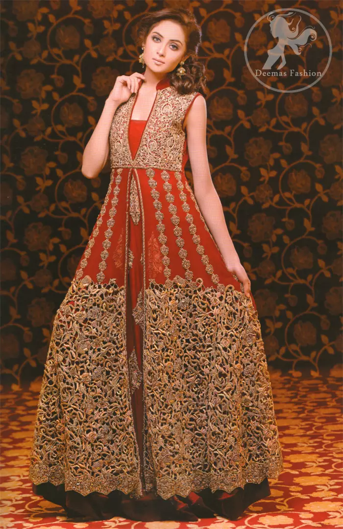 Deep Red Heavy Embellished Double Layer Front Open Bridal Gown