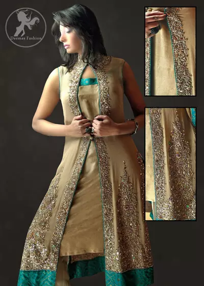 Fawn Front Open Embroidered Gown & Trouser