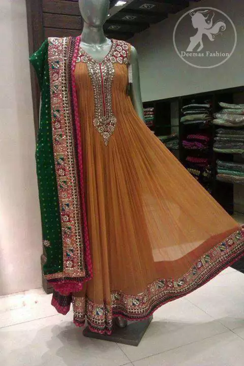 Light Brown Orange Anarkali - Green Dupatta