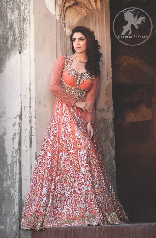 Orange Peach Fully Embroidered Heavy Maxi with hammer work