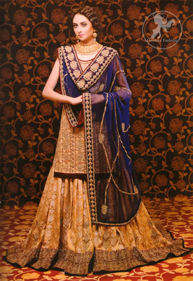 Golden n Royal Blue Pakistani Bridal Dress
