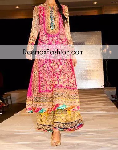 Shocking Pink Yellow Bridal Wear Long Shirt Trouser