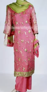 Pink crinkle chiffon long shirt features classic subtle floral and leaf embroidery work on front and sleeves