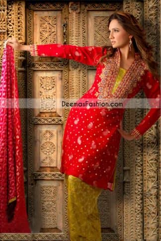 Pakistani Semi Formal Dress Red Mehndi Green Jamawar