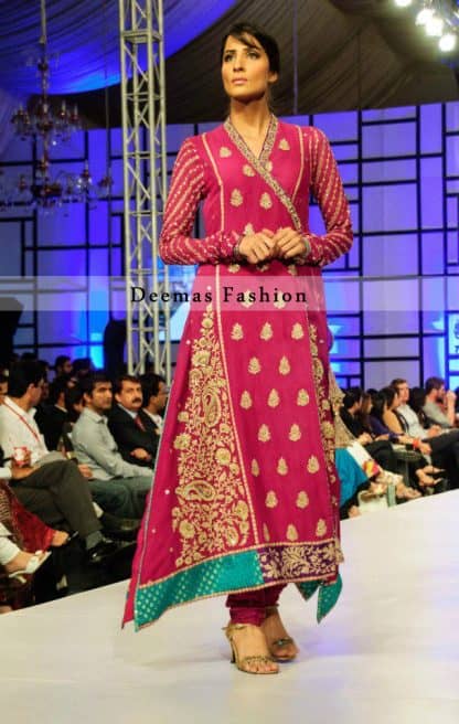 Shocking Pink Pure Chiffon A-Line Andrakha Style Shirt with Churidar