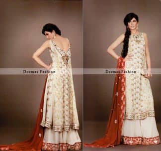 White & Red Colour pure chiffon Bridal Wear A-Line Frock with Lehnga