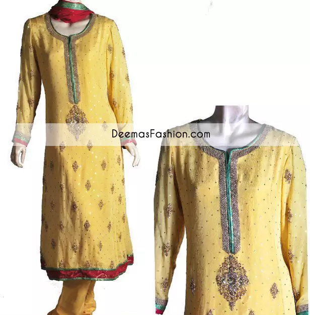  Yellow Aline Bridal Mehndi Wear Kameez Churidar